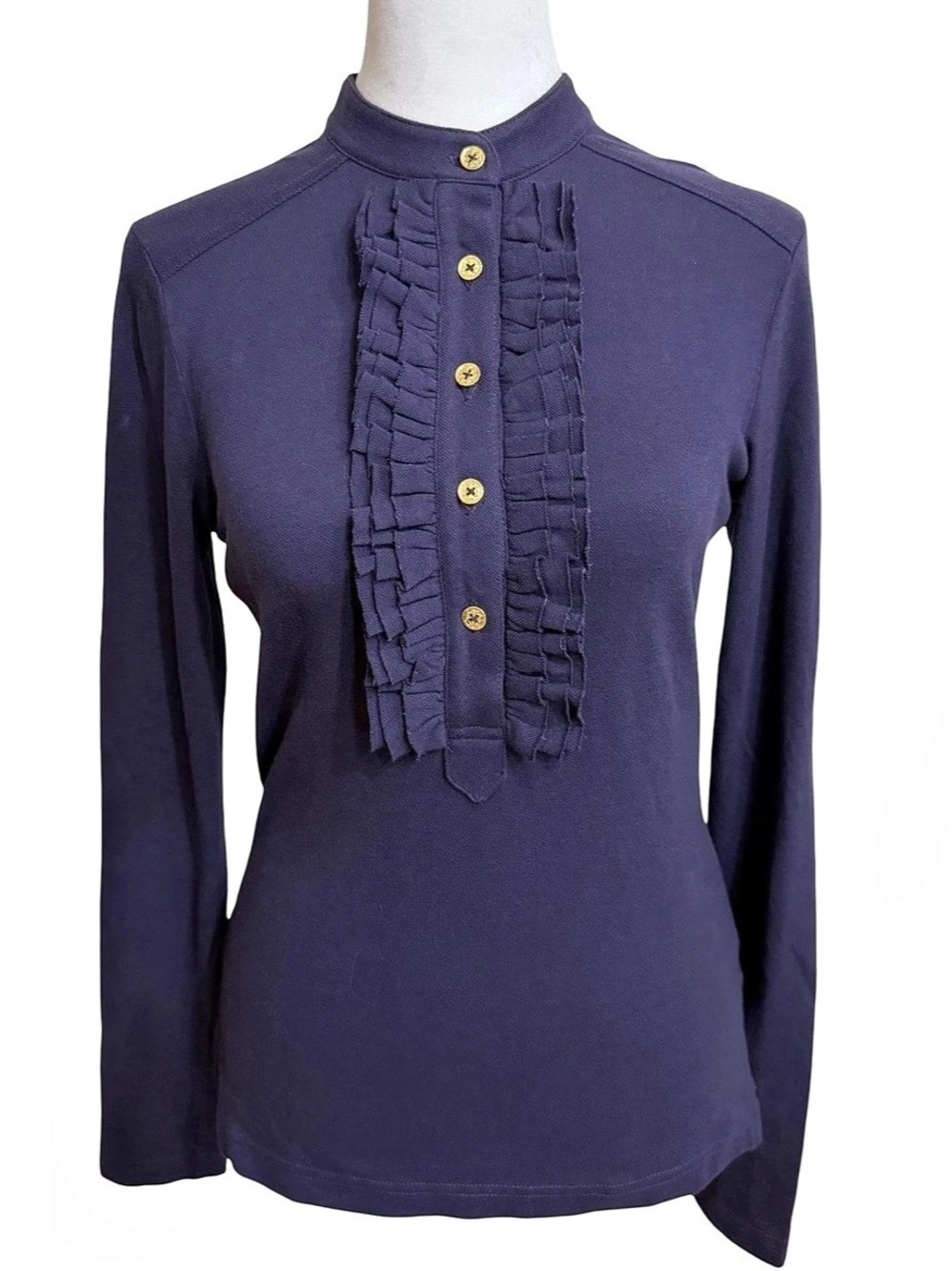 Tory Burch “Lidia” Women's Ruffle Front Long Sleeve Top - Navy - XS